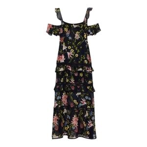 Nicholas Maxi Dress Silk Tiered Black Floral Print Black Dropped Sleeves US 2